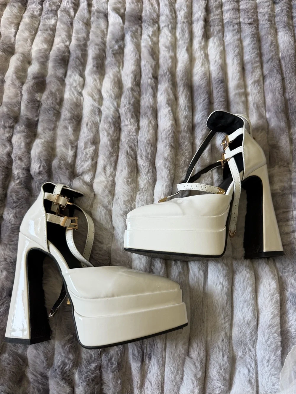 White Patent Platform Mary Jane Heels with Gold Buckles
